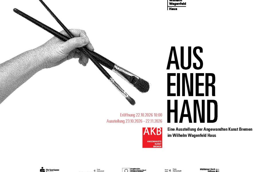 Eine Hand hält 2 Pinsel. Sie wird von schwarz weißen Flächen gebildet, so dass sie grob gerastert wirkt. 
